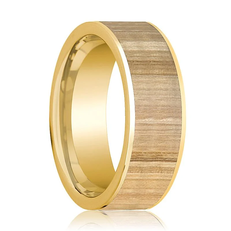 Ash Wood Inlaid Men's 14k Yellow Gold Wedding Band Flat Polished - 8MM