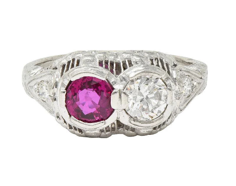 Art Deco 1.10 CTW No Heat Ruby Diamond 18 Karat White Gold Vintage Toi-Et-Moi Ring GIA