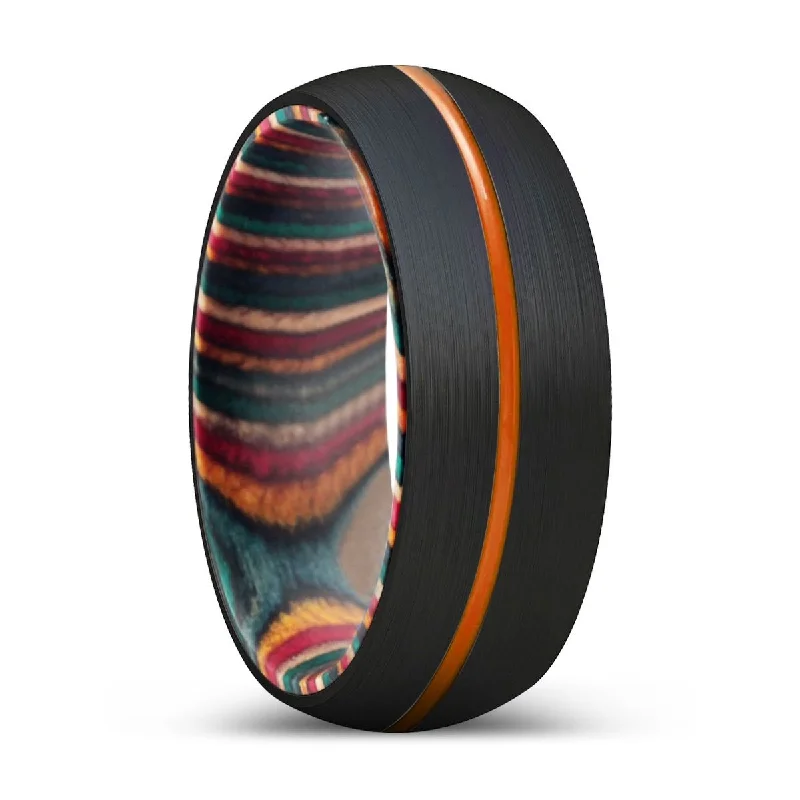 MAJESTIC | Multi Color Wood, Black Tungsten Ring, Orange Groove, Domed