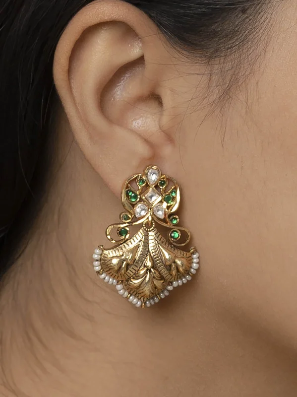 Cute Dangle Earrings-Green Color Gold Plated Temple Earrings - TMPEAR636