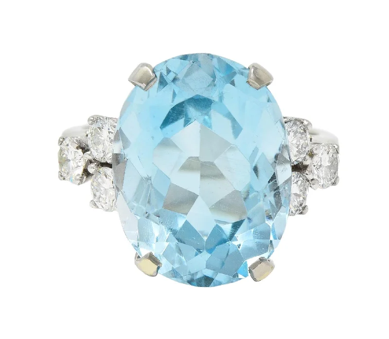 Mid-Century 10.59 CTW Aquamarine Diamond 14 Karat White Gold Vintage Cocktail Ring