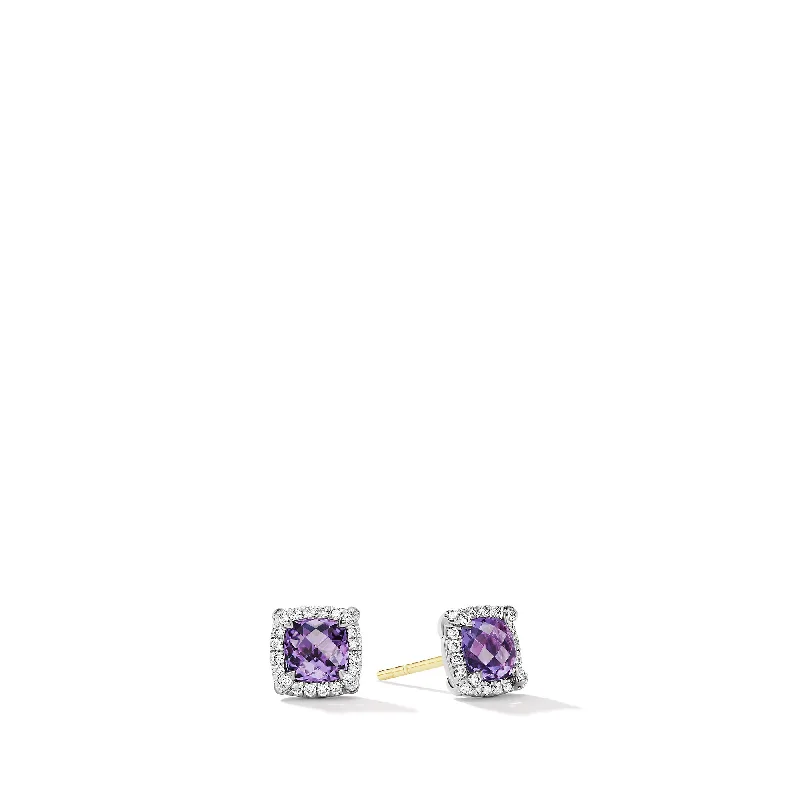 Adjustable Earrings-Petite Chatelaine® Pavé Bezel Stud Earrings in Sterling Silver with Amethyst and Diamonds\, 5mm