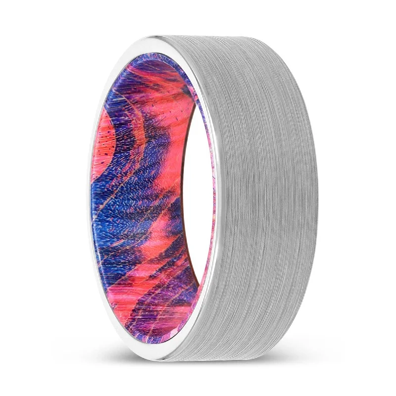 BROGAN | Blue & Red Wood, White Tungsten Ring, Brushed, Flat