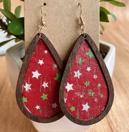 Flower Earrings-Festive Leather and Wood Christmas Earrings