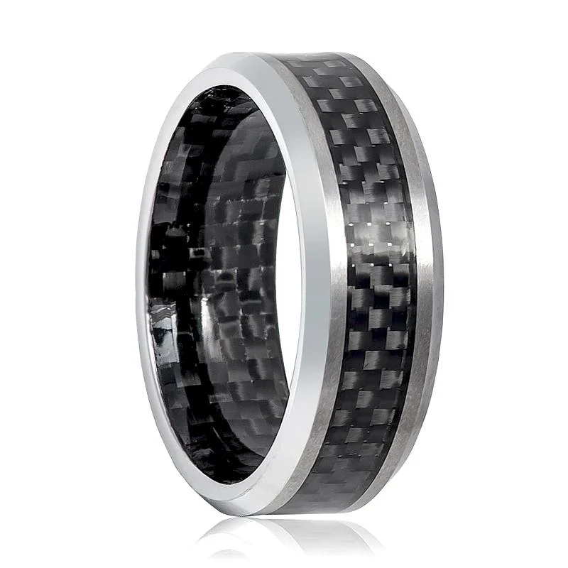 CASSIUS | Silver Tungsten Ring, Carbon Fiber Inlay, Beveled