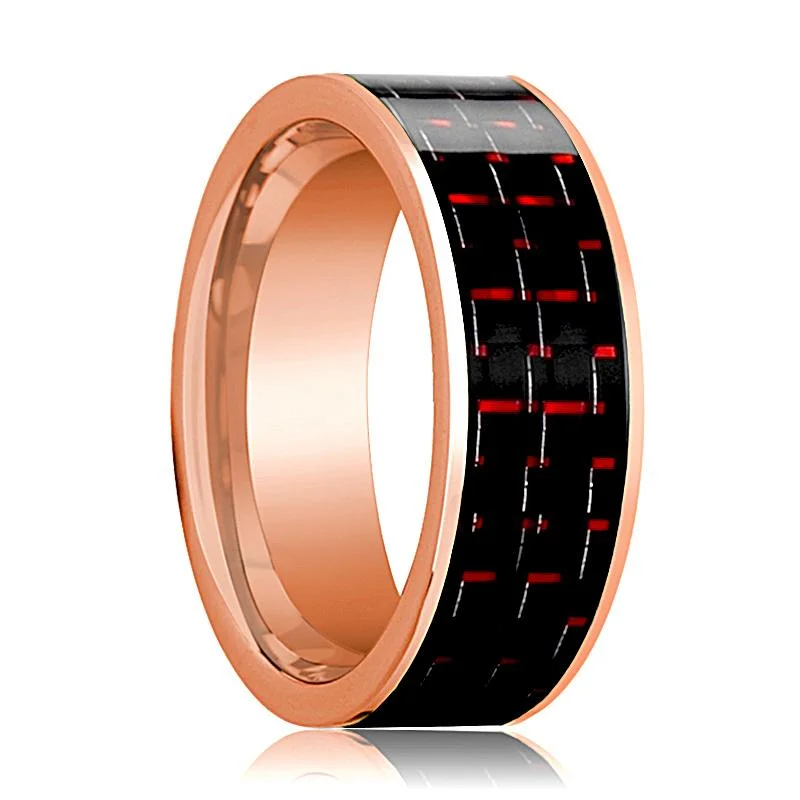 Flat Polished 14k Rose Gold Men's Wedding Band with Black and Red Carbon Fiber Inlay