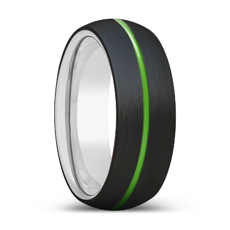 ELEMENCE | Silver Ring, Black Tungsten Ring, Green Groove, Domed