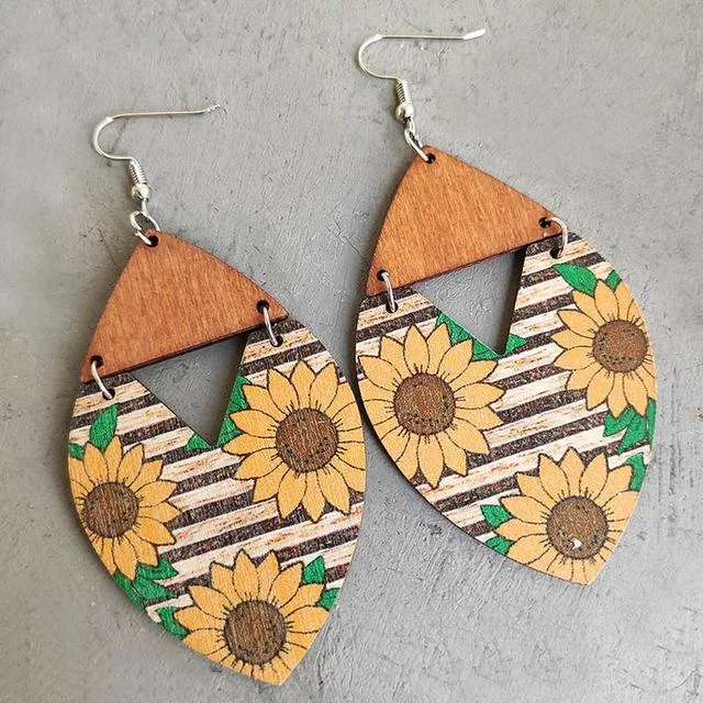 Cute Pearl Earrings-Beautiful Wood Sunflower Striped Earrings