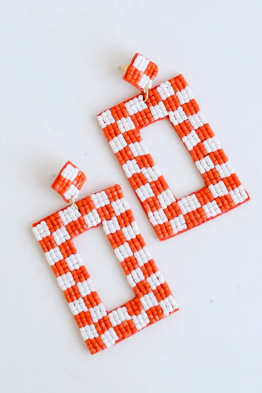 Unique Gemstone Earrings-Orange + White Checkered Beaded Statement Earrings