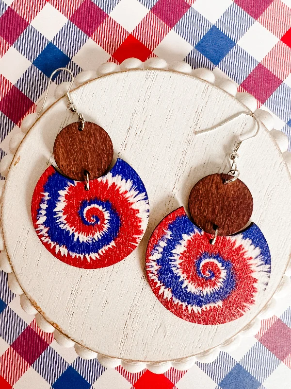 Colorful Crystal Earrings-Beautiful Red, White, and Blue Wooden Drop Earrings