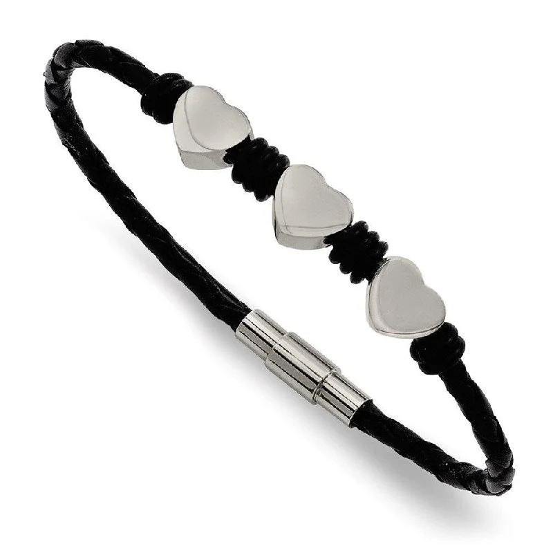 Fashionable Gemstone Cuff-Stainless Steel Black Leather w/Polished Hearts 7.5in Bracelet