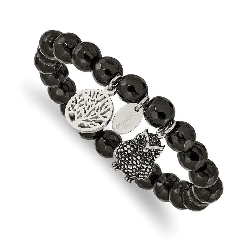 Chunky Bangle Bracelet-Stainless Steel Antiqued & Polished Owl Black Jade Stretch Bracelet