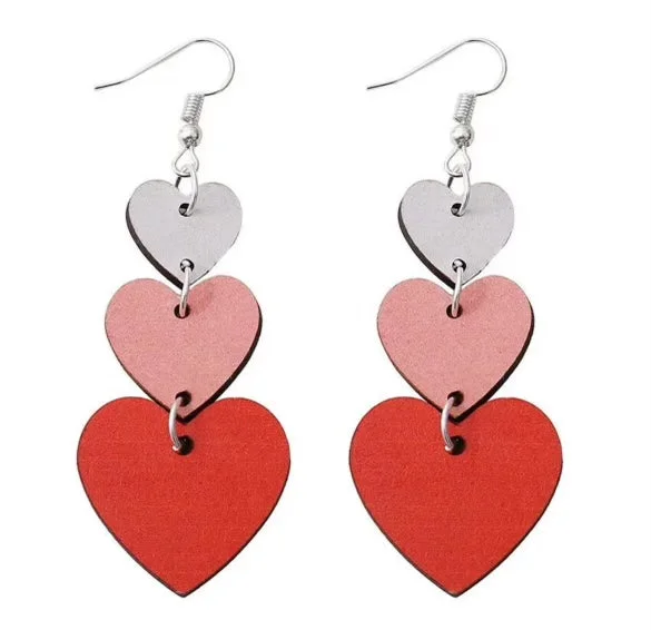 Geometric Stud Earrings-Beautiful Red, White, and Pink Wooden Heart Drop Earrings