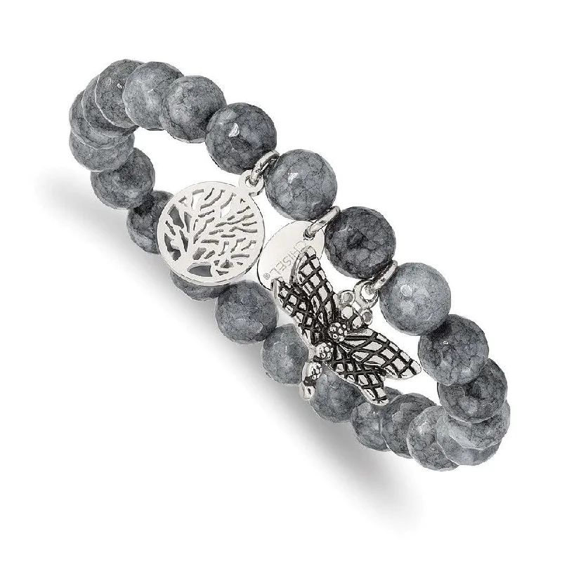 Sterling Silver Bar Bracelet-Stainless Steel Antiqued & Polished Dragonfly Grey Dyed Jade Bracelet