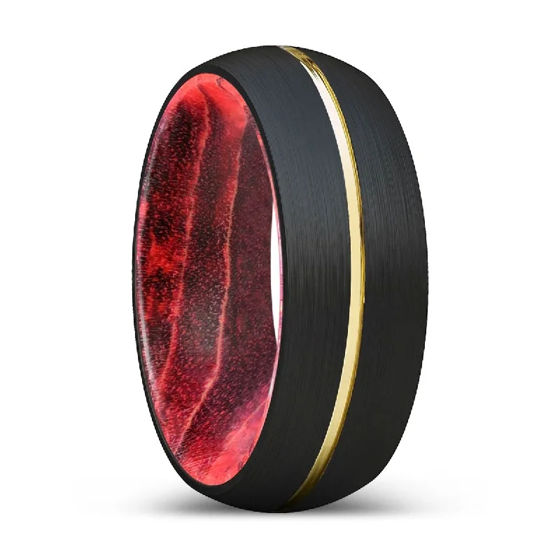 KATANA | Black & Red Wood, Black Tungsten Ring, Gold Groove, Domed