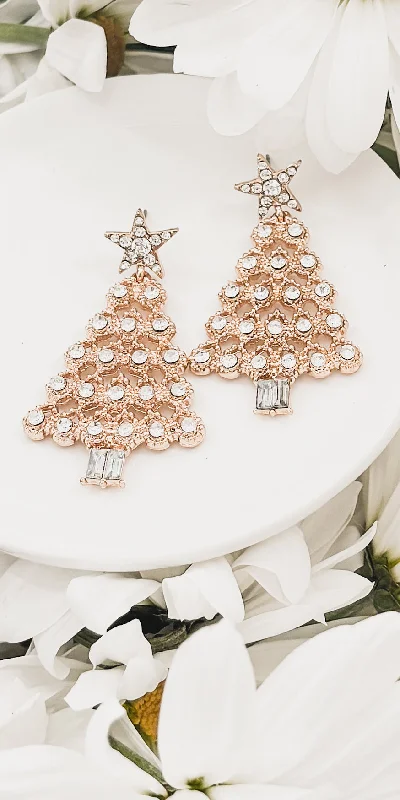 Dainty Pearl Earrings-Beautiful Gold and Crystal Christmas Tree Earrings