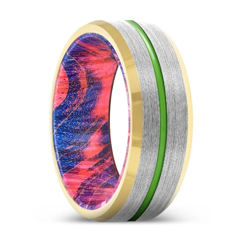 SAVINO | Blue & Red Wood, Silver Tungsten Ring, Green Groove, Gold Beveled Edge