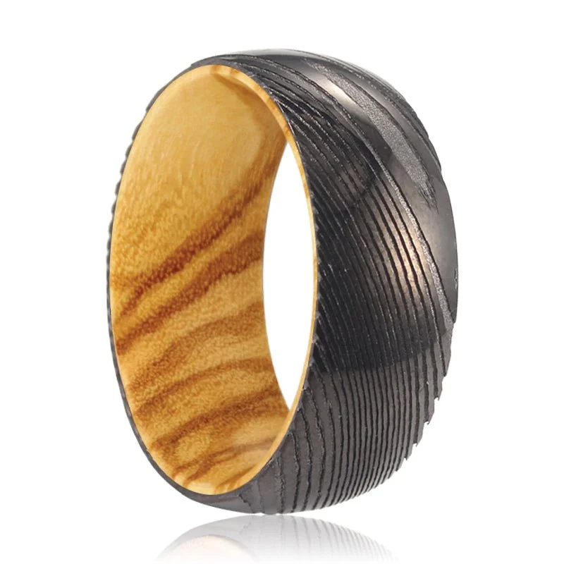 FOXTAIL | Olive Wood, Gunmetal Damascus Steel Ring, Domed