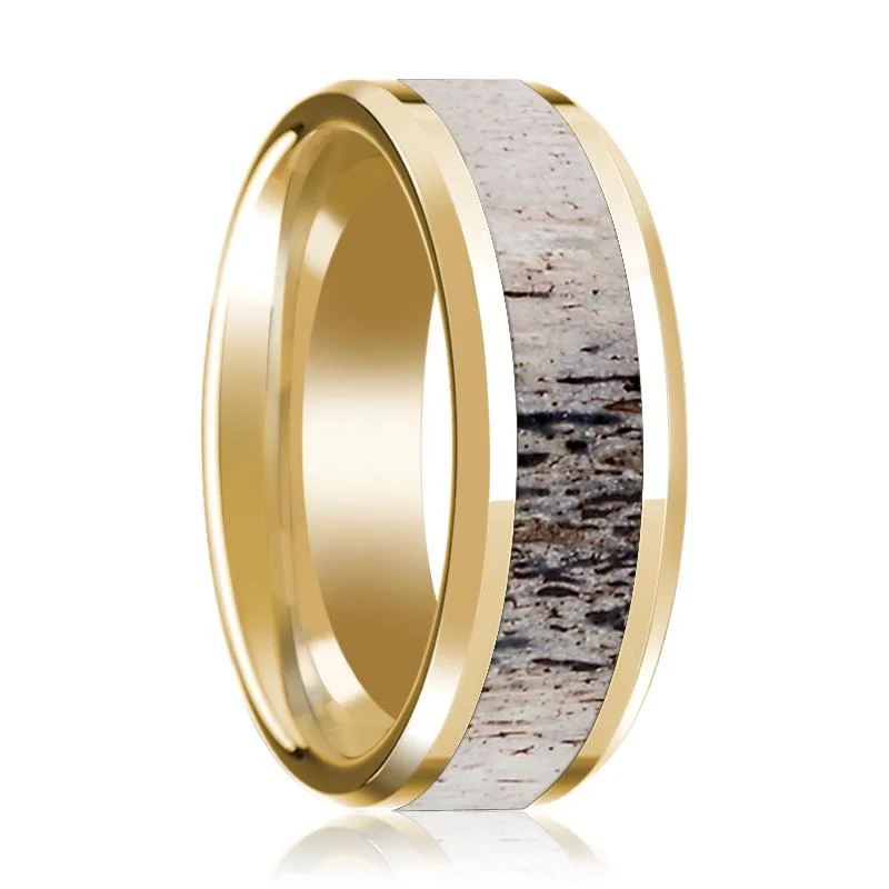 Men's 14k Yellow Gold Polished Wedding Band with Ombre Deer Inlay & Beveled Edges - 8MM