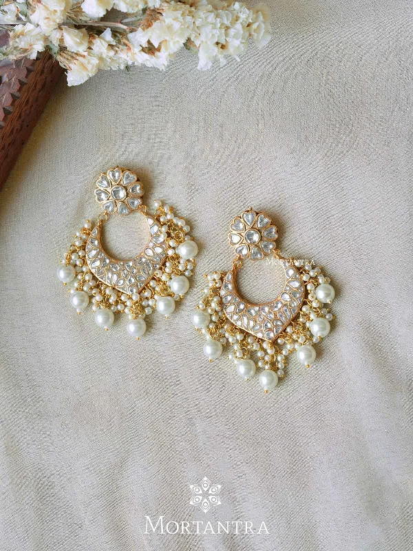 Big Statement Earrings-White Color Gold Plated Thappa Jadau Kundan Earrings - TJ-E41W