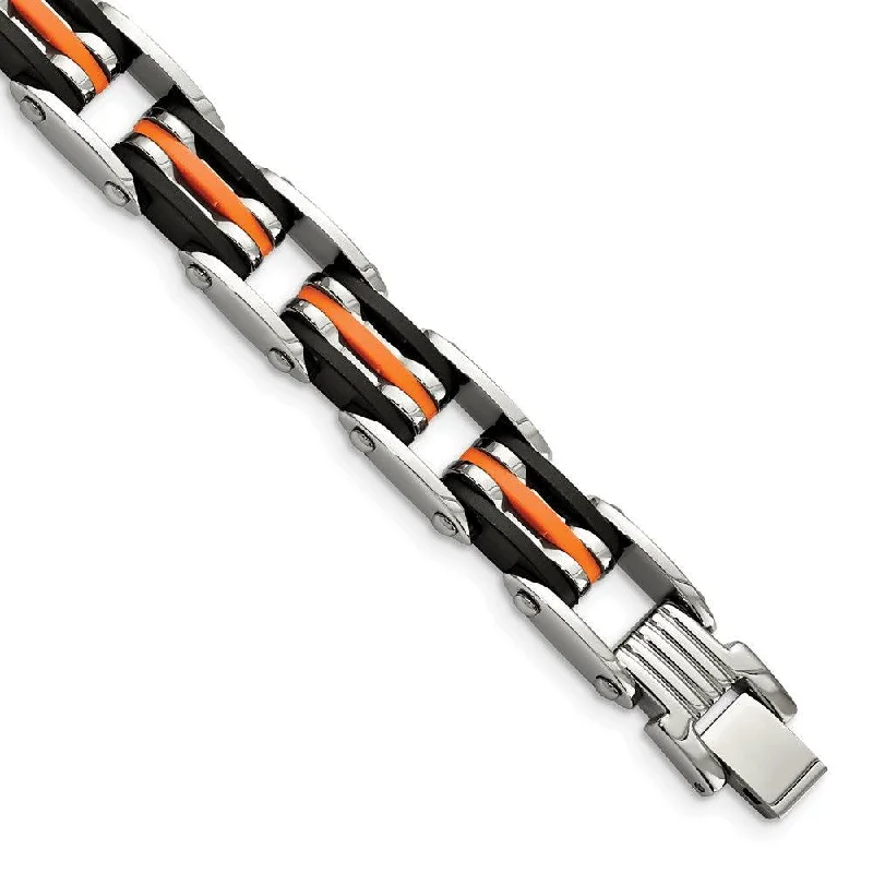 Elegant Silver Stretch Bracelet-Stainless Steel Black & Orange Rubber 8.5in Bracelet