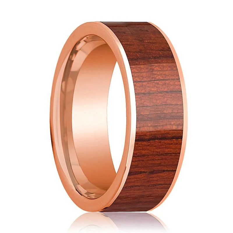 Polished 14k Rose Gold Men's Wedding Band with Padauk Wood Inlay - 8MM