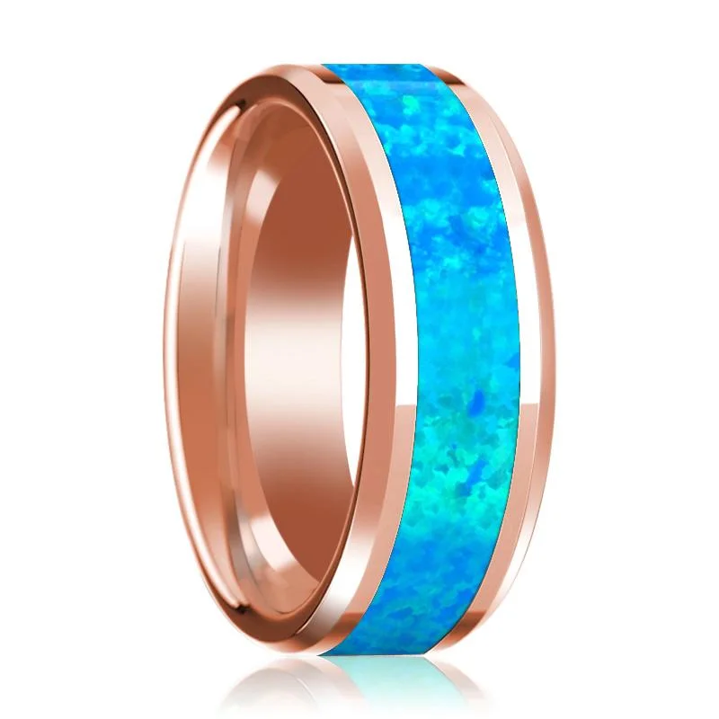 Blue Opal Inlaid Men's 14k Rose Gold Polished Wedding Band with Bevels - 8MM