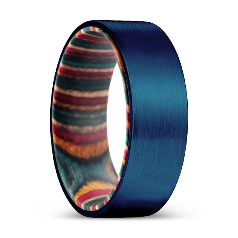 ROUGE | Multi Color Wood, Blue Tungsten Ring, Brushed, Flat