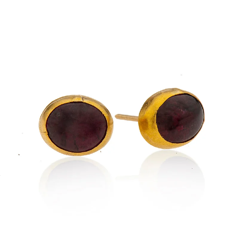 Unique Silver Hoop Earrings-Nava Zahavi Yellow Gold Garnet Oval Stud Earrings