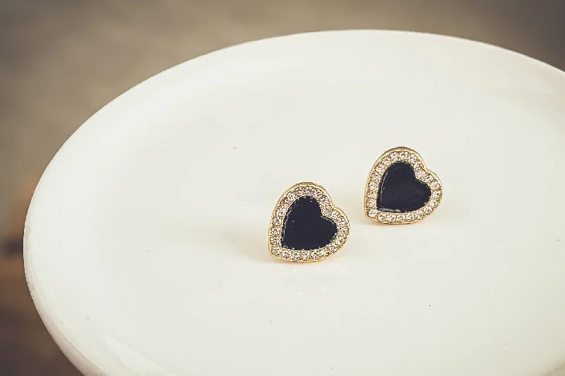 Casual Hoop Earrings-Beautiful Black and Crystal Heart Earrings