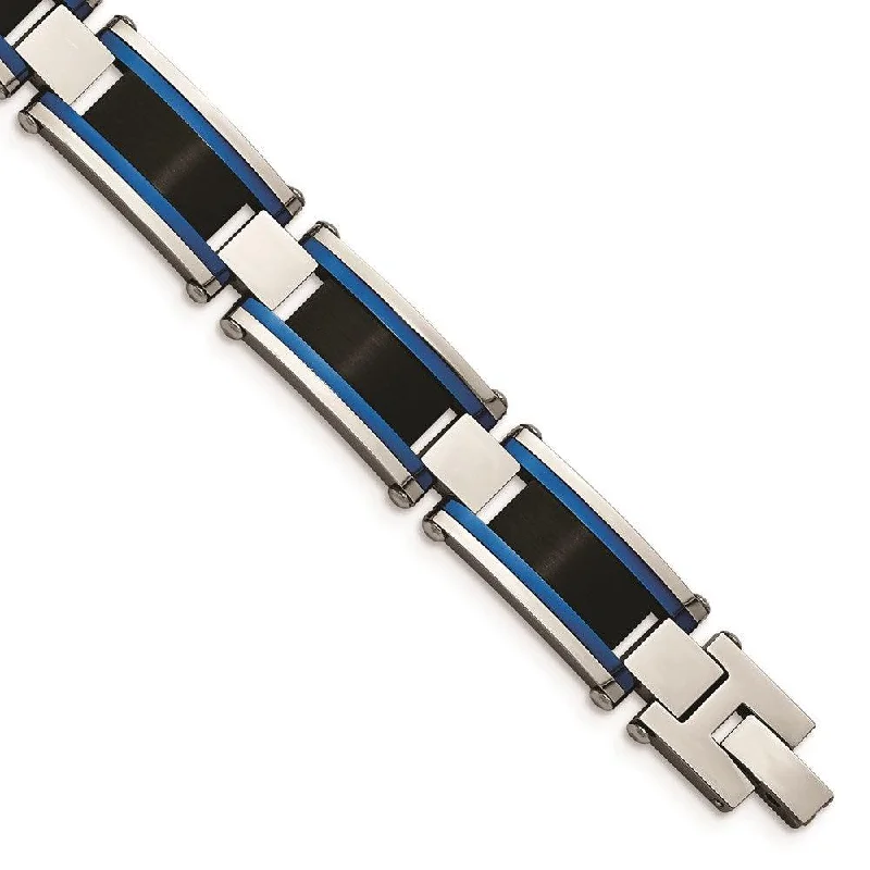 Silver Chain Bracelet-Stainless Steel Brushed and Polished Black & Blue IP-plated 8.75in Bracelet