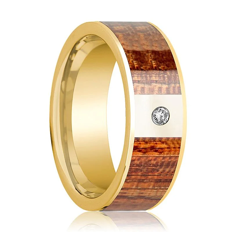 Men's 14k Yellow Gold Wedding Band with Mahogany Wood Inlay and Diamond in Center - 8MM