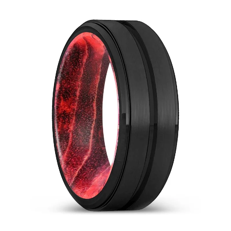 STUART | Black & Red Wood, Black Tungsten Ring, Grooved, Stepped Edge