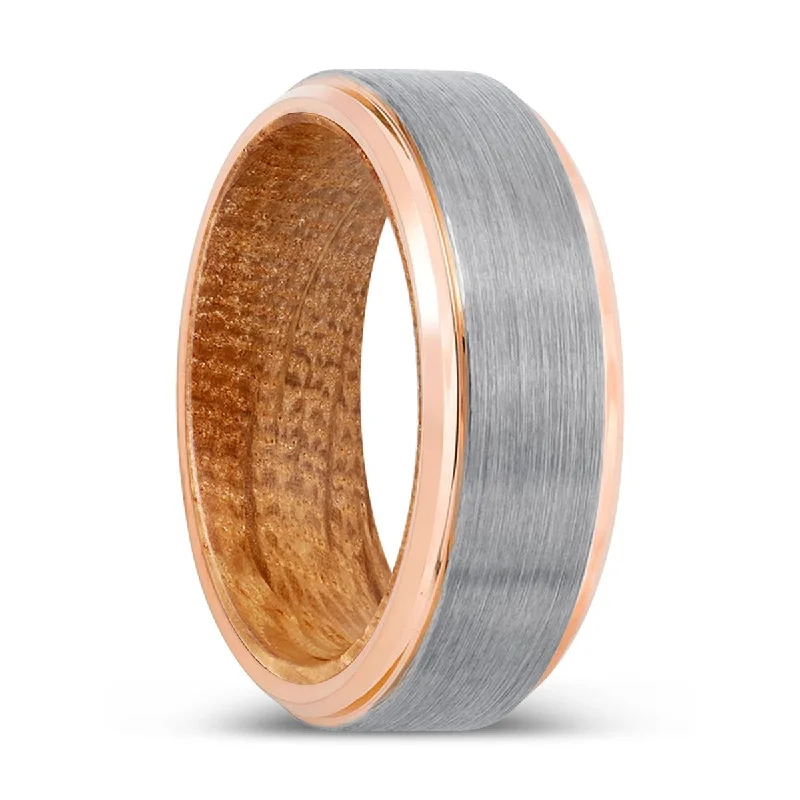 RADIC | Whiskey Barrel Wood, Silver Tungsten Ring, Brushed, Rose Gold Stepped Edge