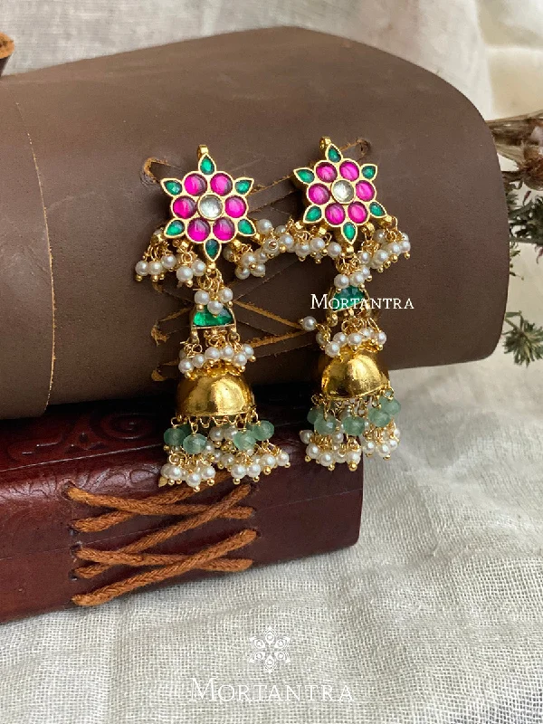 Classic Gold Earrings-Multicolor Gold Plated Jadau Kundan Earrings - ME989M