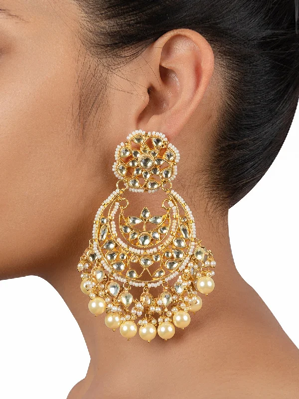 Luxury Designer Earrings-White Color Gold Plated Jadau Kundan Earrings - ME1Y