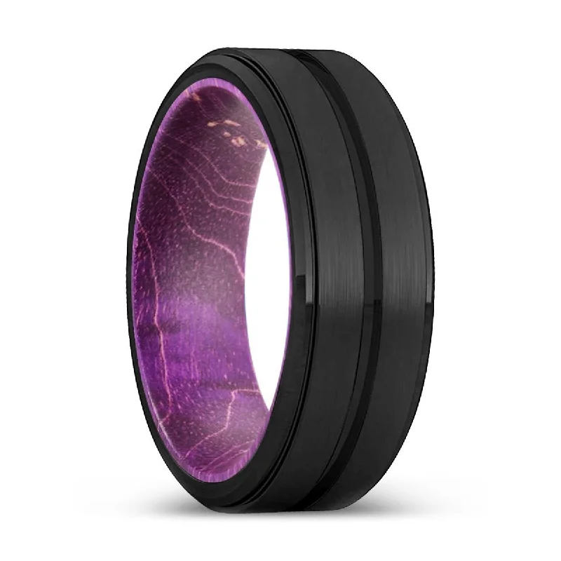 WILDE | Purple Wood, Black Tungsten Ring, Grooved, Stepped Edge