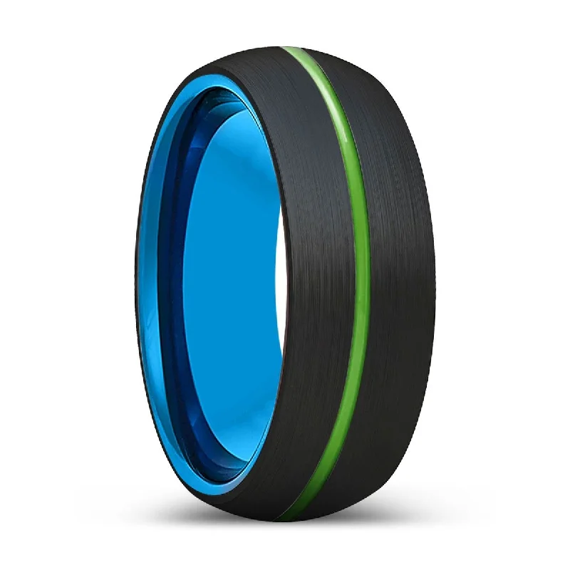 WELLINGTON | Blue Tungsten Ring, Black Tungsten Ring, Green Groove, Domed