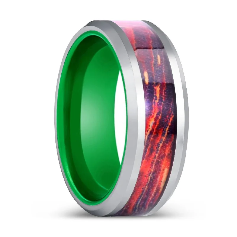 NEBULITH | Green Tungsten Ring, Galaxy Wood Inlay Ring, Silver Edges