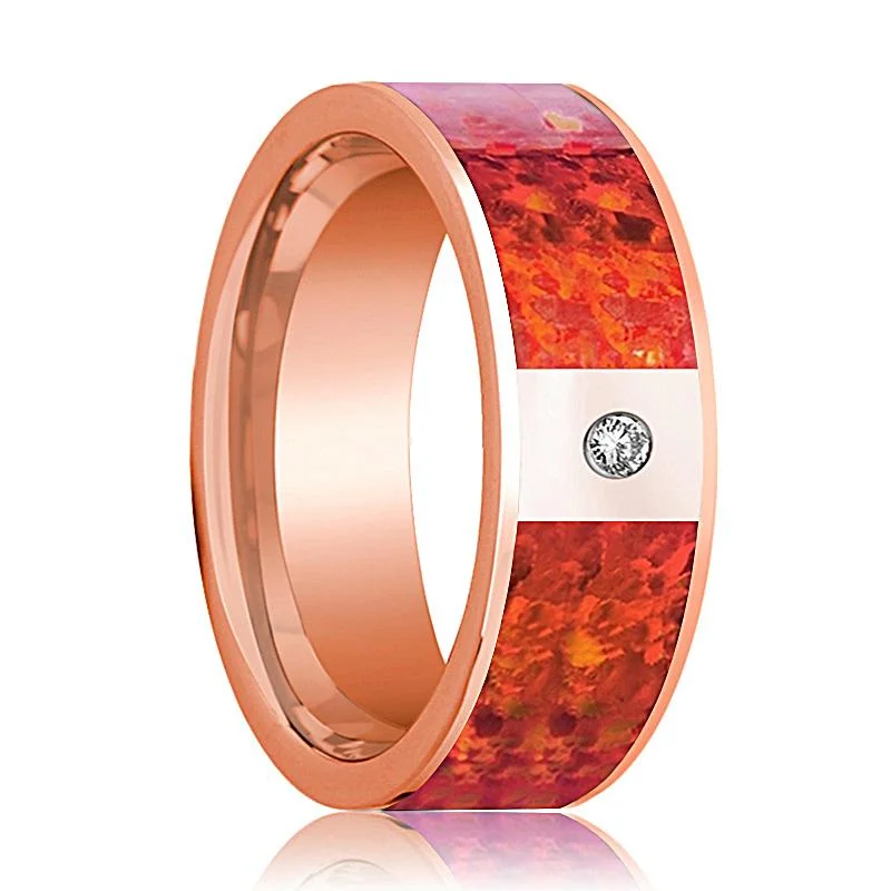 Red Opal Inlaid Men's 14k Rose Gold Wedding Band with Diamond in Center Flat Polished Design - 8MM