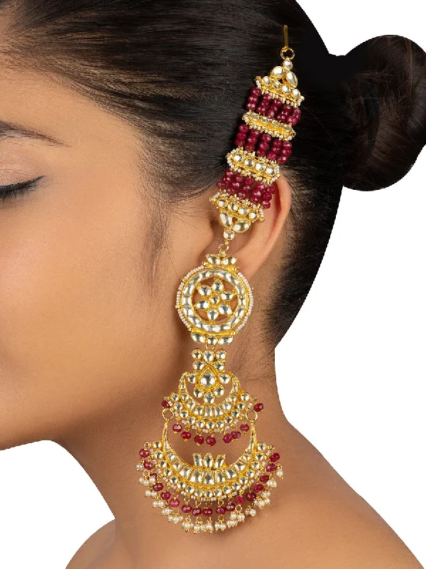 Unique Dangle Hoop Earrings-Maroon Color Gold Plated Jadau Kundan Earrings - ME414Y