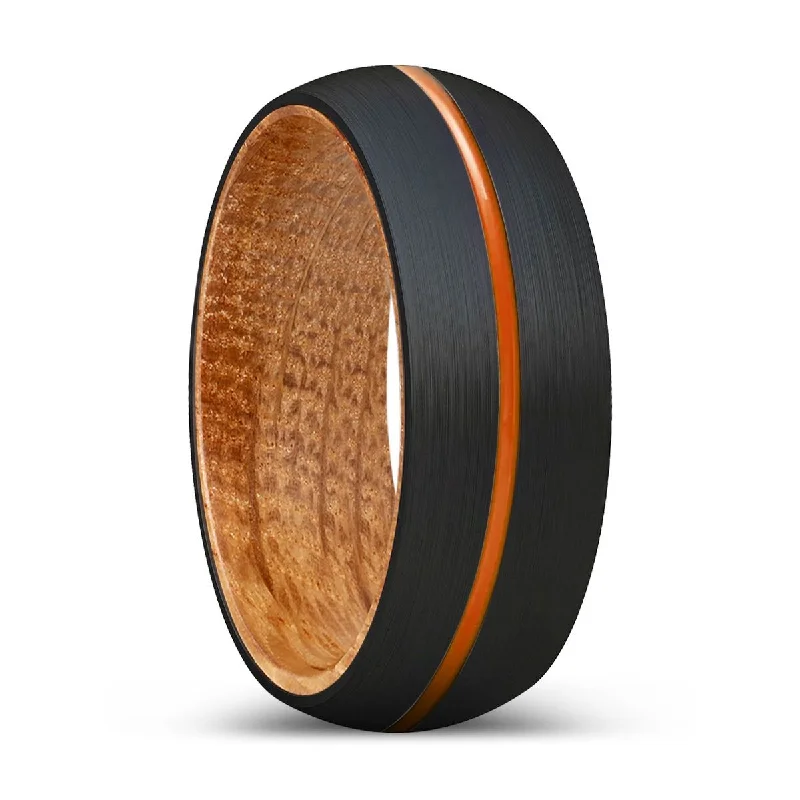 WINDROSE | Whiskey Barrel Wood, Black Tungsten Ring, Orange Groove, Domed