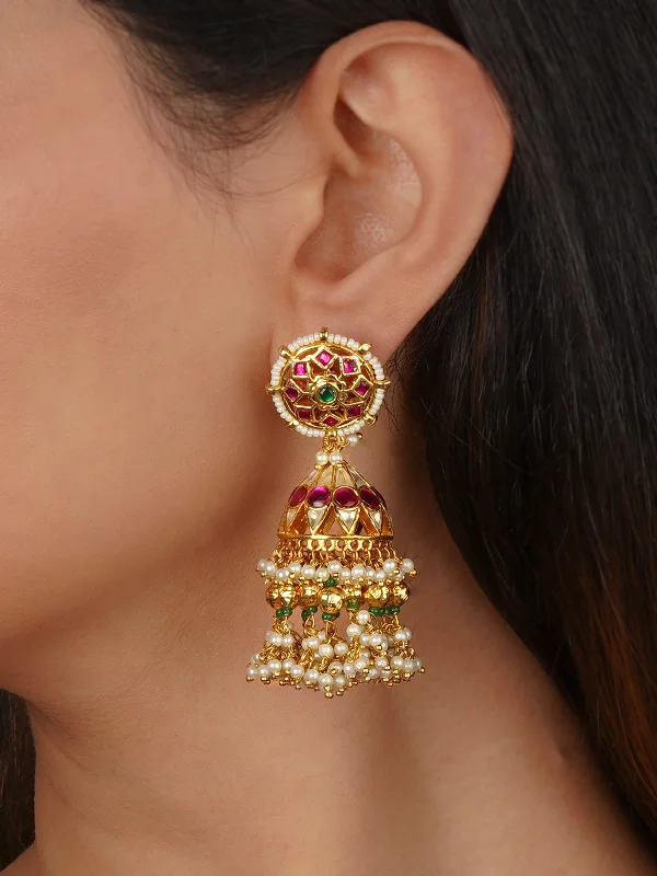 Oval Dangle Earrings-Multicolor Gold Plated Jadau Kundan Earrings - ME1296M