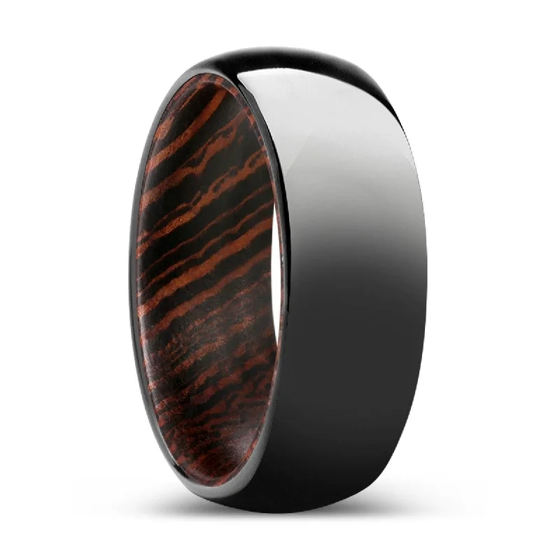 WOODVALE | Wenge Wood, Black Tungsten Ring, Shiny, Domed