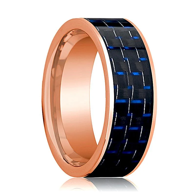 Polished 14k Rose Gold Wedding Band for Men with Blue and Black Carbon Fiber Inlay Flat Design - 8MM