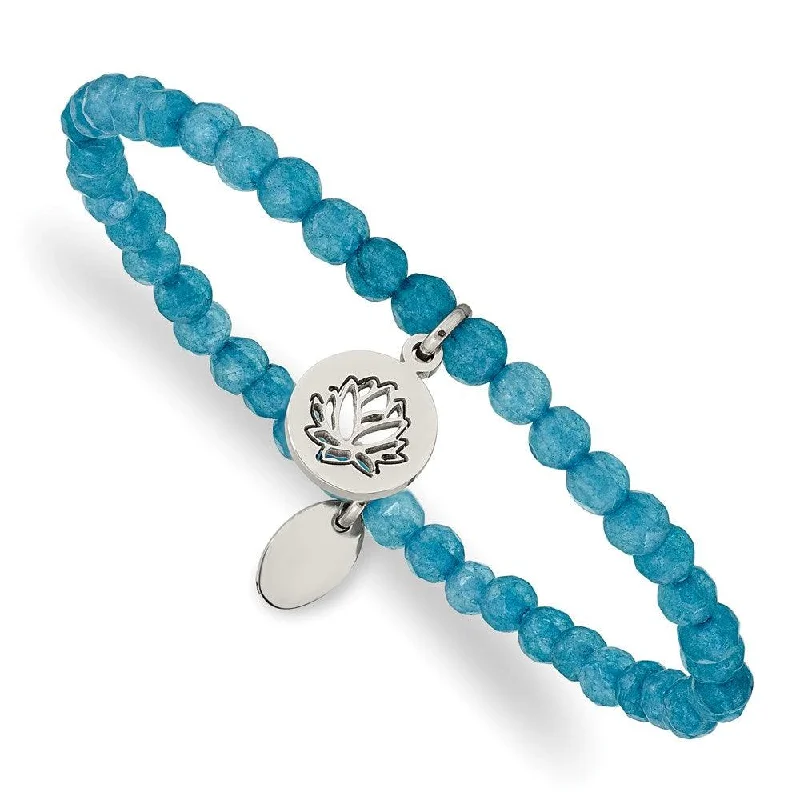 Trendy Bracelets for Women-Stainless Steel Polished Lotus Blue Jade Beaded Stretch Bracelet