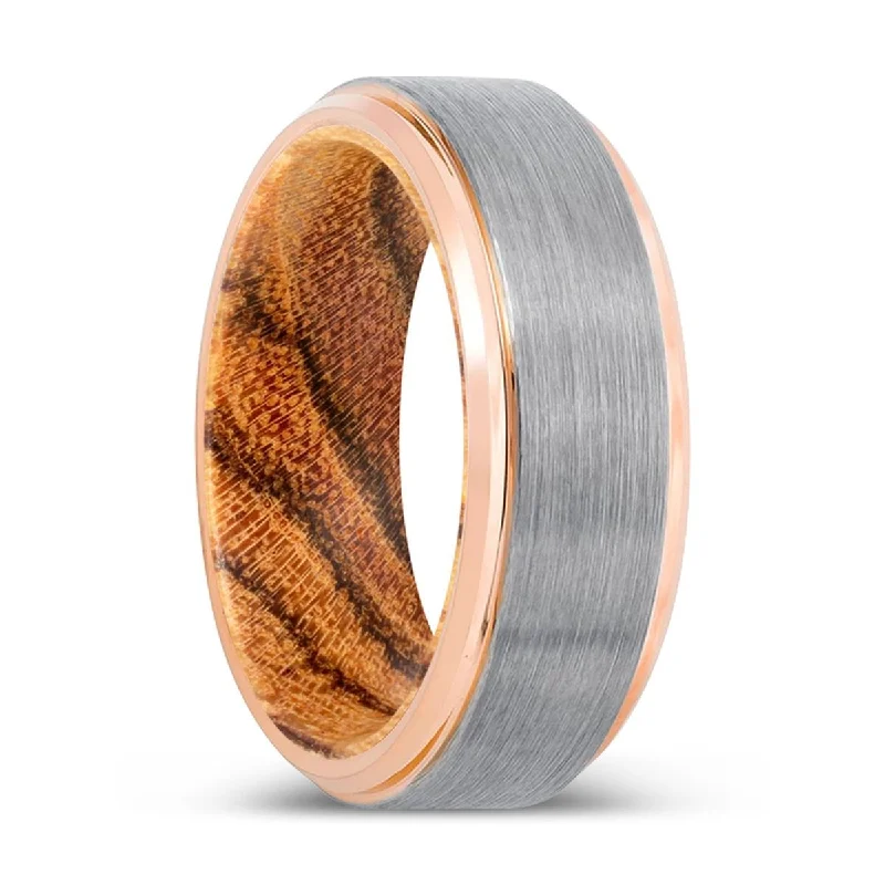 STINGER | Bocote Wood, Silver Tungsten Ring, Brushed, Rose Gold Stepped Edge