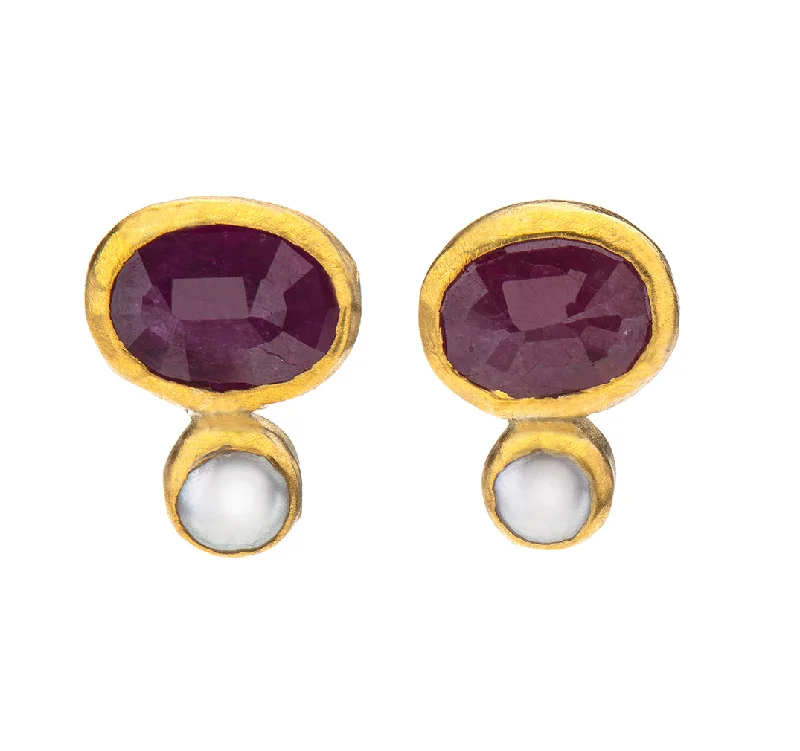 Wedding Earrings-Nava Zahavi Yellow Gold Ruby and Pearl Stud Earrings