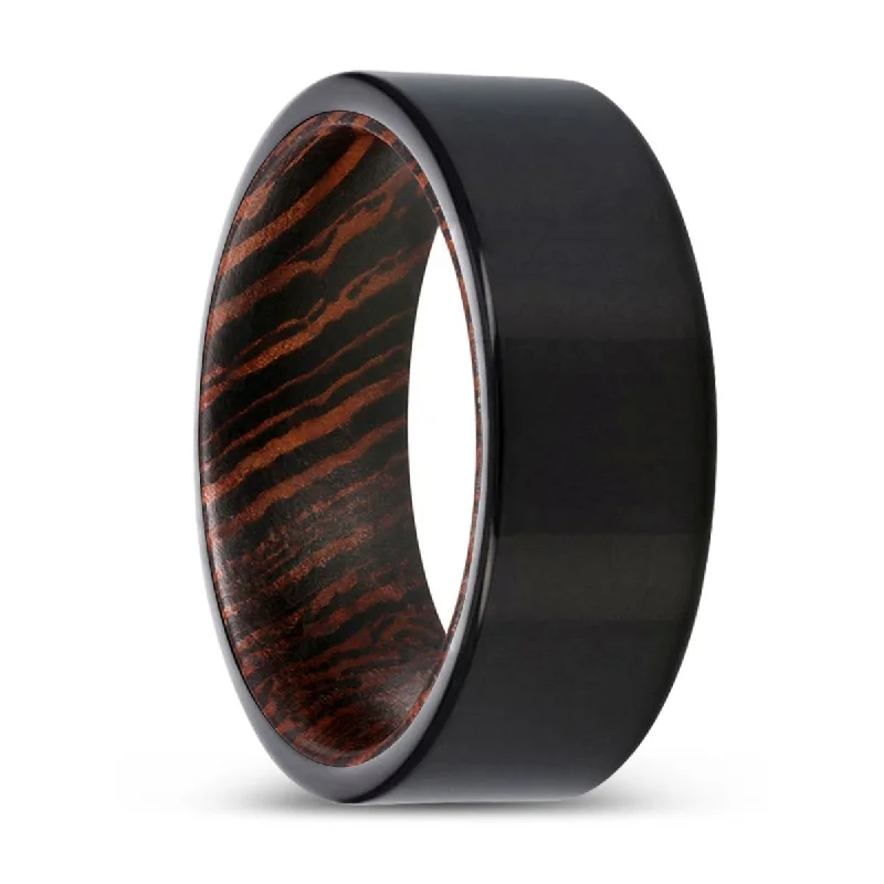 MANOLIS | Wenge Wood, Black Tungsten Ring, Shiny, Flat