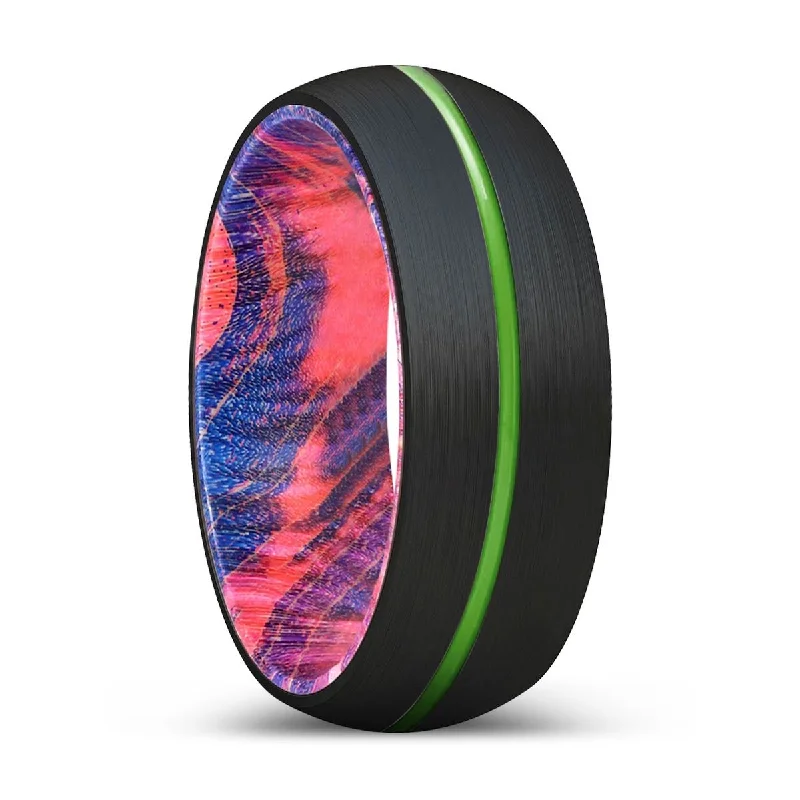 PLUNGE | Blue & Red Wood, Black Tungsten Ring, Green Groove, Domed